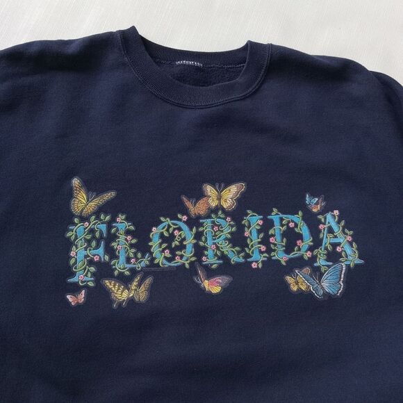 Women's Navy Blue Florida Butterflies Graphic Print Crew Neck Pullover Sweater - Picture 6 of 12